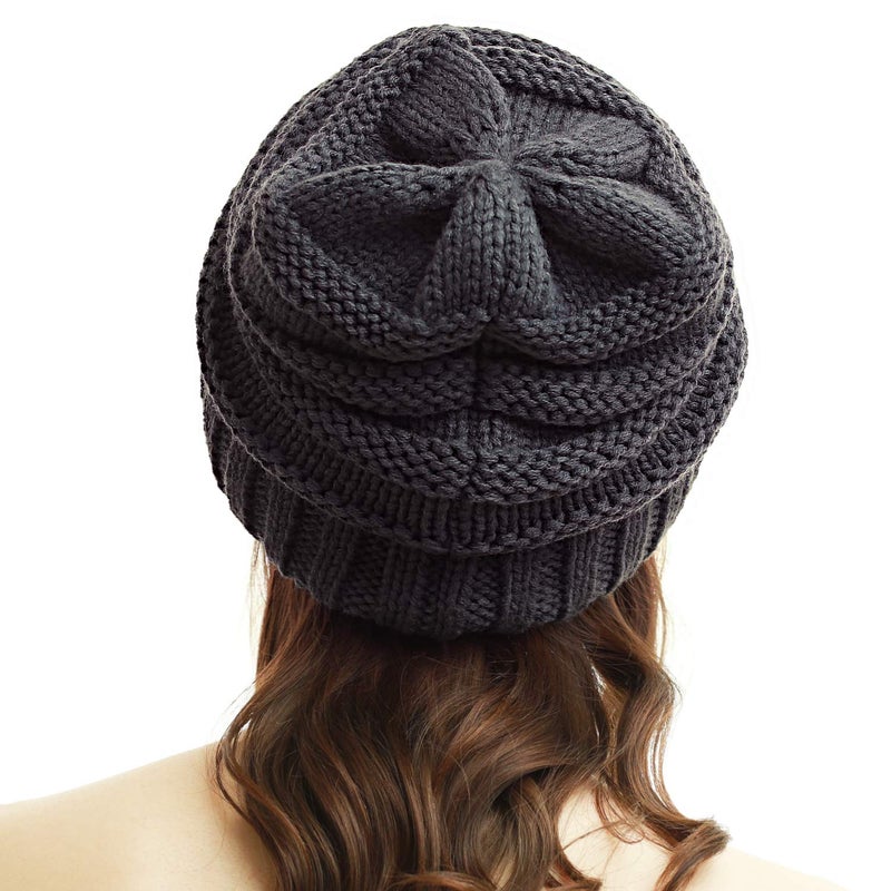 PAGE ONE Womens Winter Beanie Warm Cable Knit Hat Style Stretch Trendy Ribbed Chunky Cap Dark Gray - Image 2
